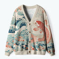 Kyoto-Lion Koi With Sakura Waves Ugly Cardigan Sweater