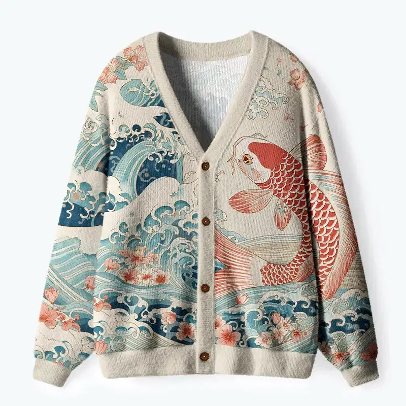 Kyoto-Lion Koi With Sakura Waves Ugly Cardigan Sweater