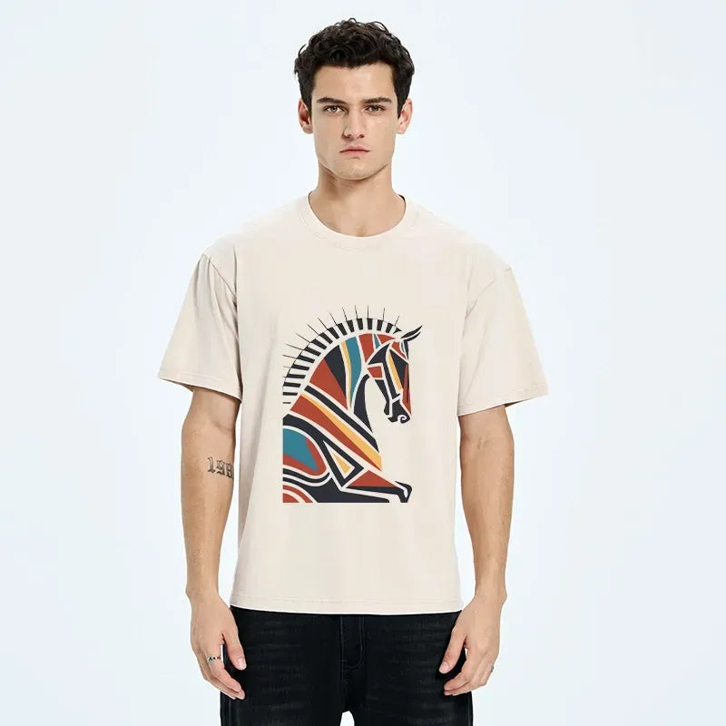 Kyoto-Lion Geometric Color Horse Washed T-Shirt