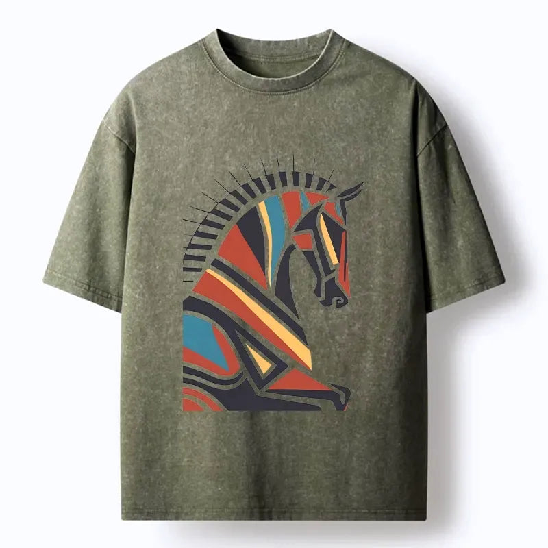 Kyoto-Lion Geometric Color Horse Washed T-Shirt