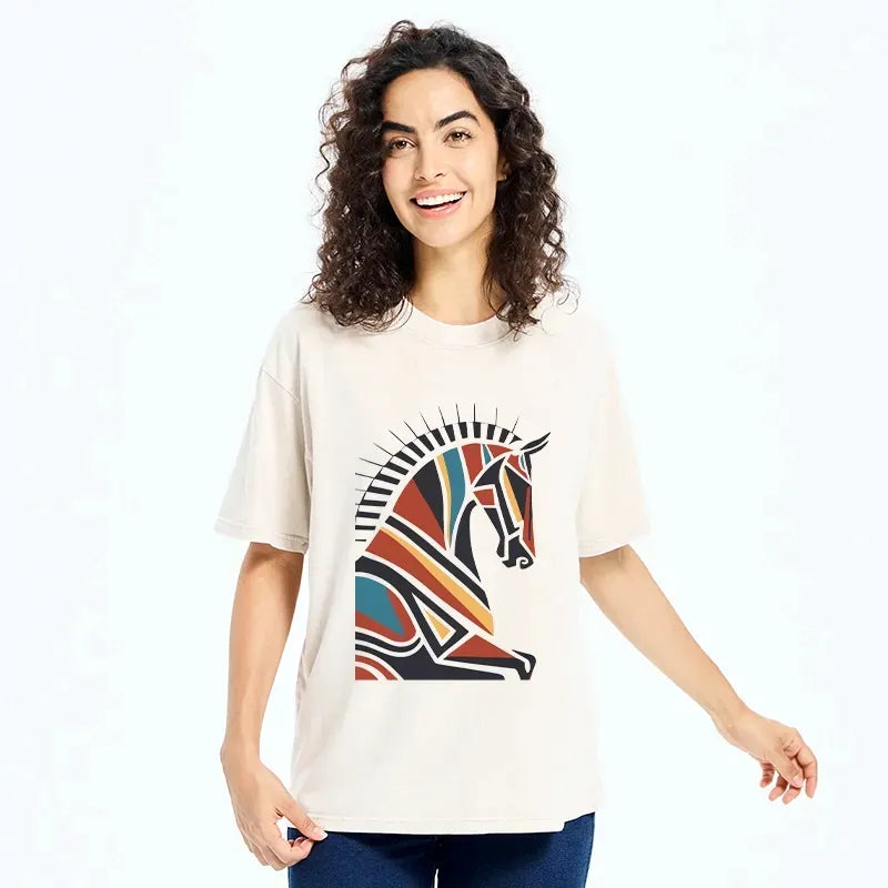 Kyoto-Lion Geometric Color Horse Washed T-Shirt