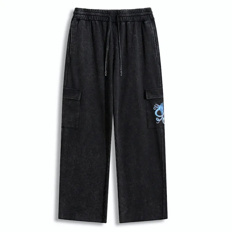 Kyoto-Lion Watercolor Blue Octopus Washed Utility Sweatpants
