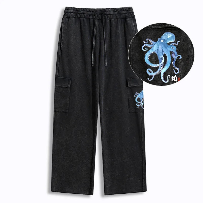 Kyoto-Lion Watercolor Blue Octopus Washed Utility Sweatpants