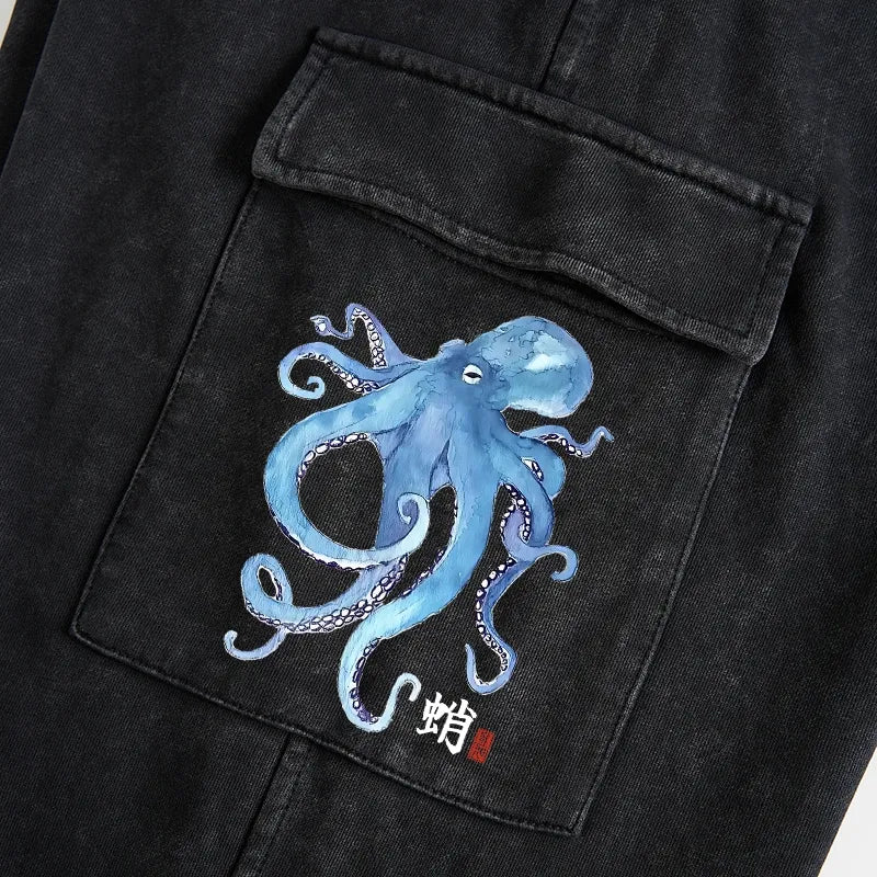 Kyoto-Lion Watercolor Blue Octopus Washed Utility Sweatpants