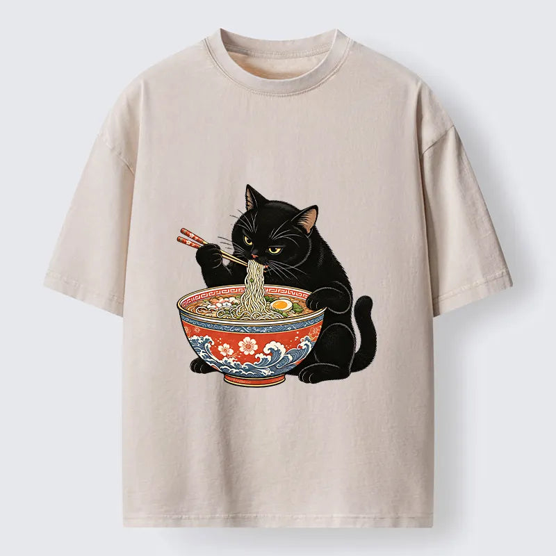 Kyoto-Lion Japanese Ramen Cat Washed T-Shirt