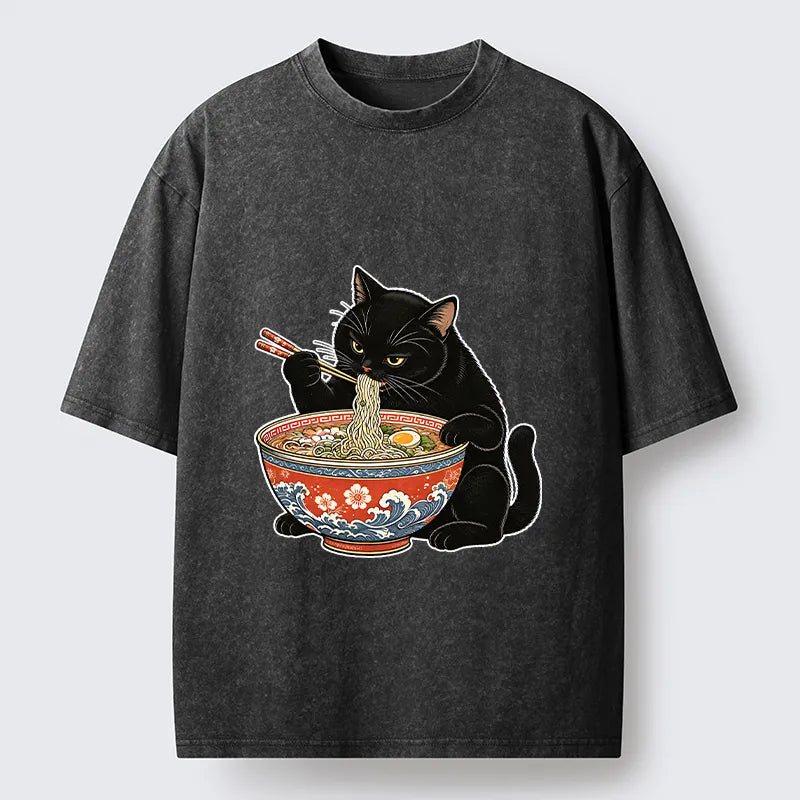 Kyoto-Lion Japanese Ramen Cat Washed T-Shirt