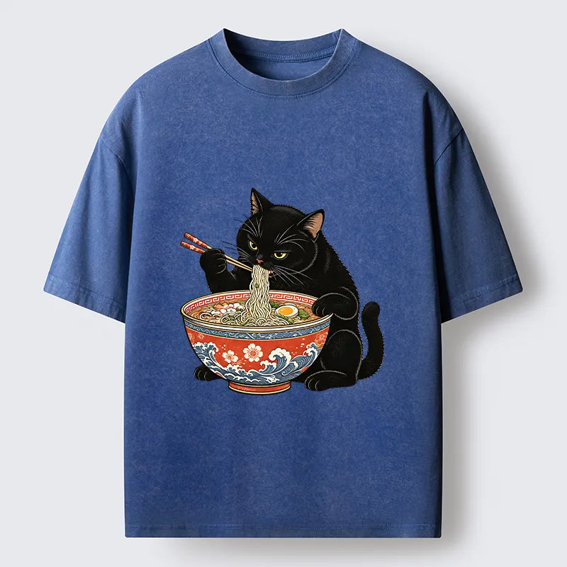 Kyoto-Lion Japanese Ramen Cat Washed T-Shirt