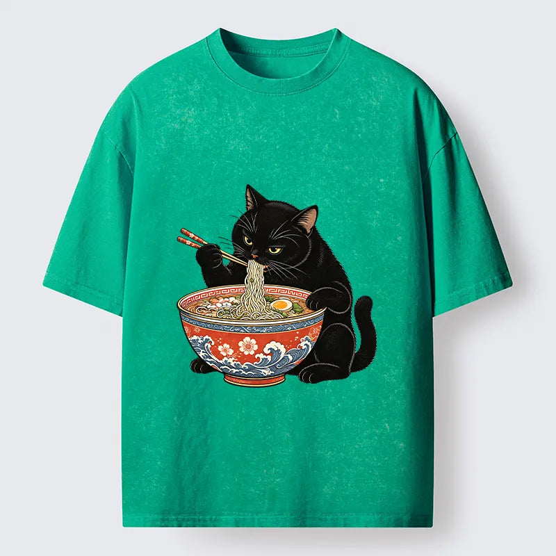 Kyoto-Lion Japanese Ramen Cat Washed T-Shirt
