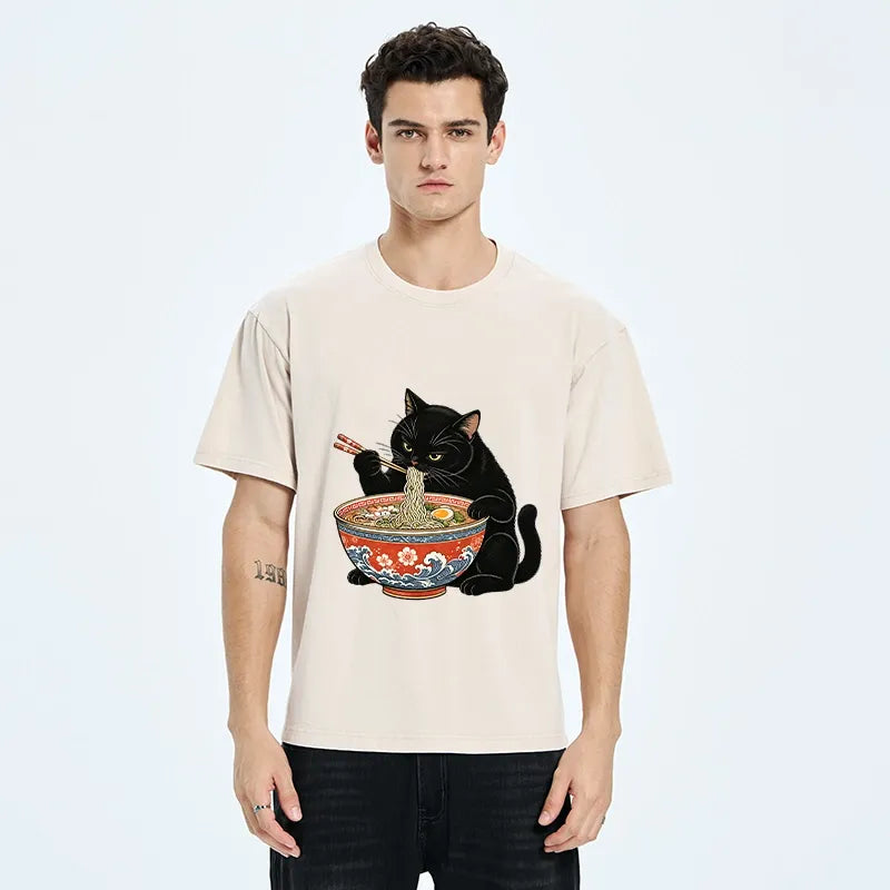 Kyoto-Lion Japanese Ramen Cat Washed T-Shirt