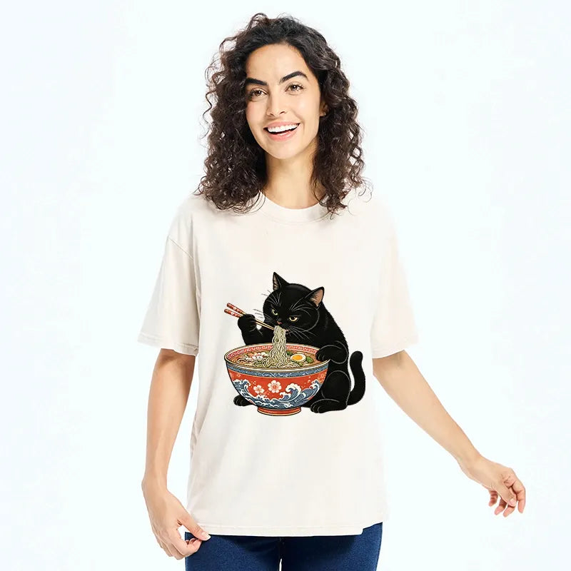 Kyoto-Lion Japanese Ramen Cat Washed T-Shirt