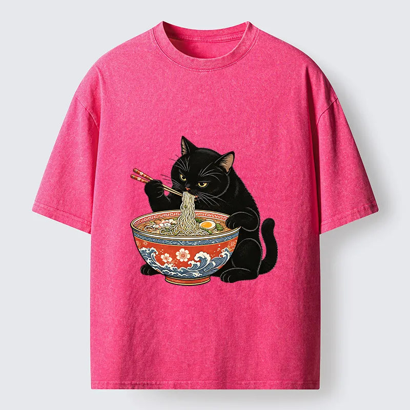 Kyoto-Lion Japanese Ramen Cat Washed T-Shirt