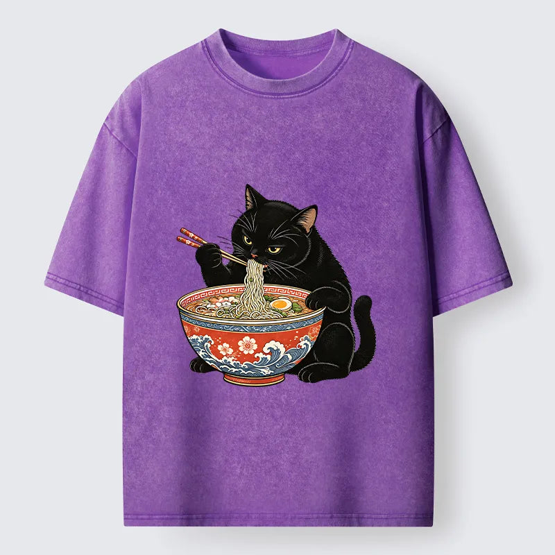 Kyoto-Lion Japanese Ramen Cat Washed T-Shirt