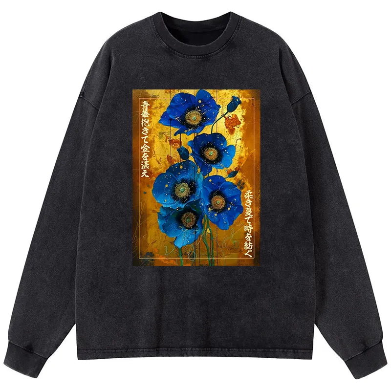 Kyoto-Lion Shiny Blue Flower Warm Golden Background Washed Long Sleeve T-Shirt