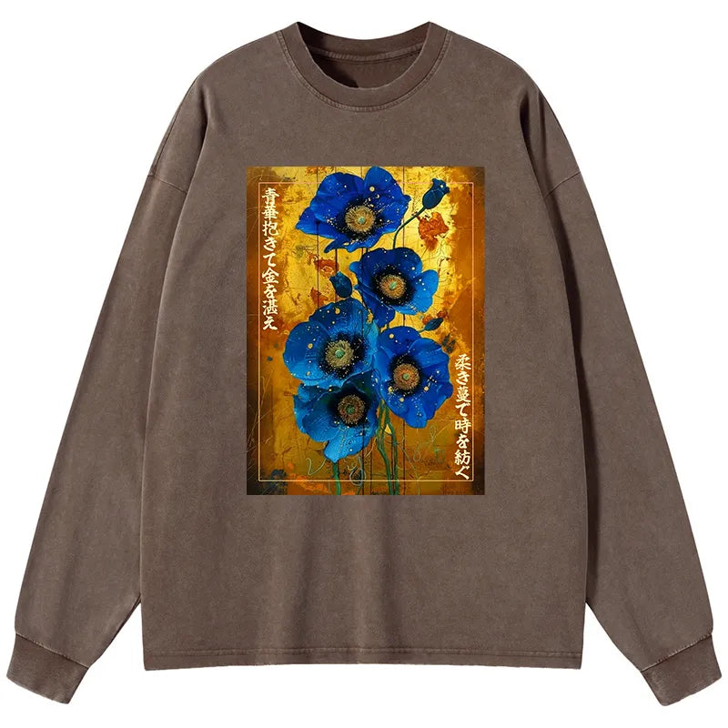 Kyoto-Lion Shiny Blue Flower Warm Golden Background Washed Long Sleeve T-Shirt