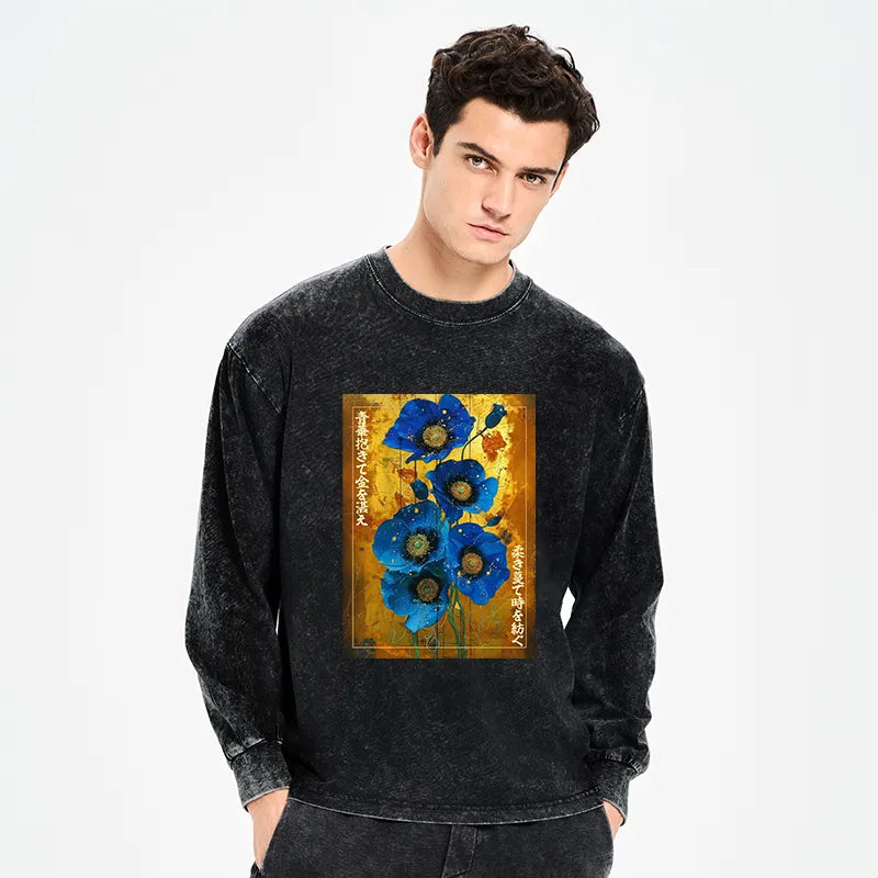 Kyoto-Lion Shiny Blue Flower Warm Golden Background Washed Long Sleeve T-Shirt
