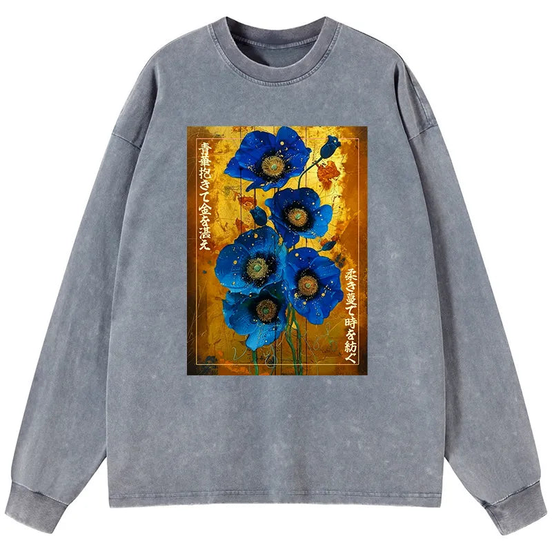 Kyoto-Lion Shiny Blue Flower Warm Golden Background Washed Long Sleeve T-Shirt