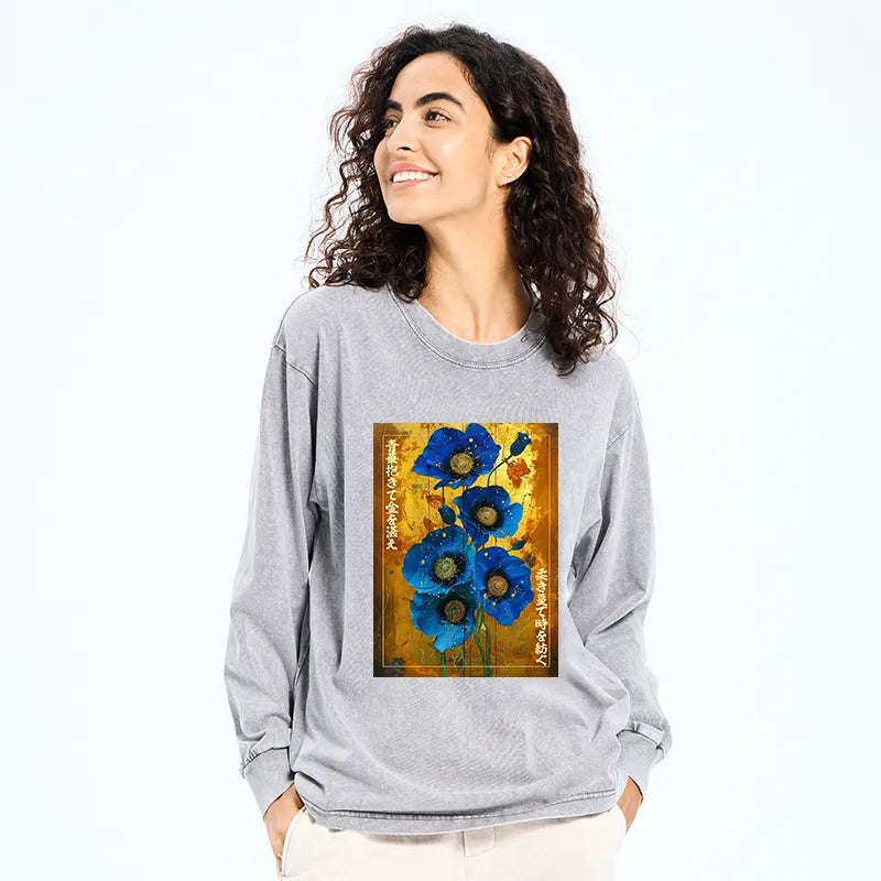 Kyoto-Lion Shiny Blue Flower Warm Golden Background Washed Long Sleeve T-Shirt