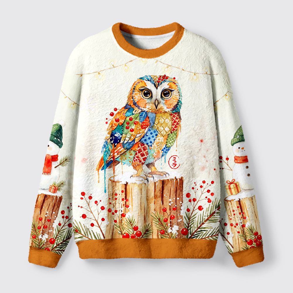 Kyoto-Lion Winter Glow Owl Fuzzy Christmas Ugly Sweatshirt