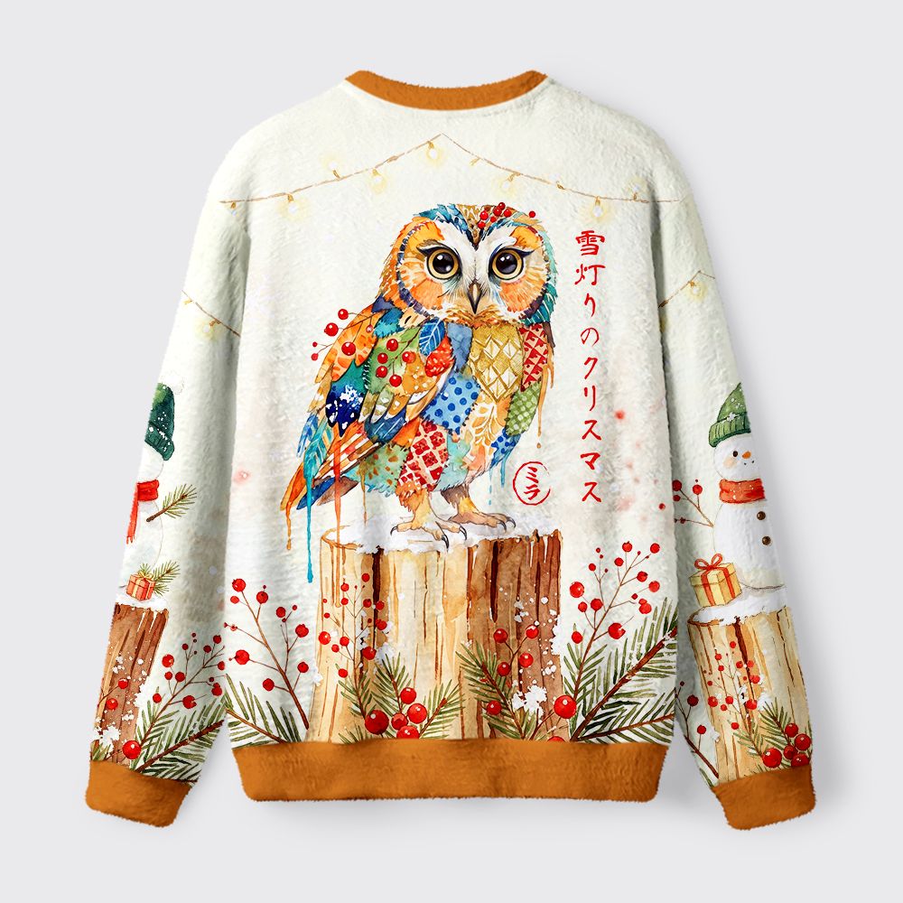 Kyoto-Lion Winter Glow Owl Fuzzy Christmas Ugly Sweatshirt