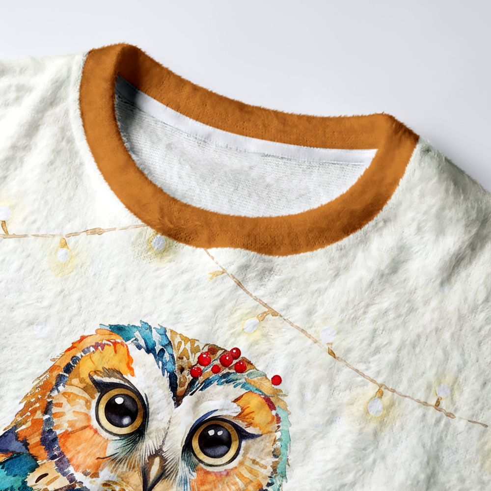 Kyoto-Lion Winter Glow Owl Fuzzy Christmas Ugly Sweatshirt