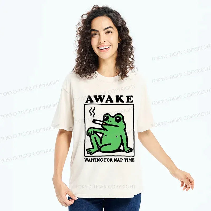 Kyoto-Lion Frog Waiting For A Nap Washed T-Shirt