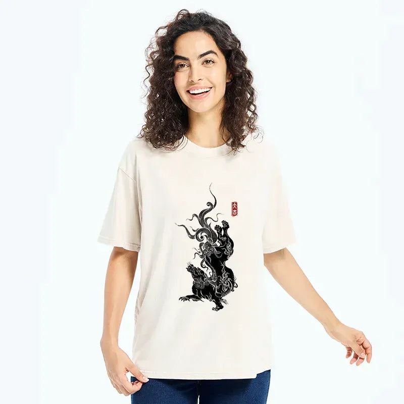 Kyoto-Lion Japanese Mythical Beasts Washed T-Shirt