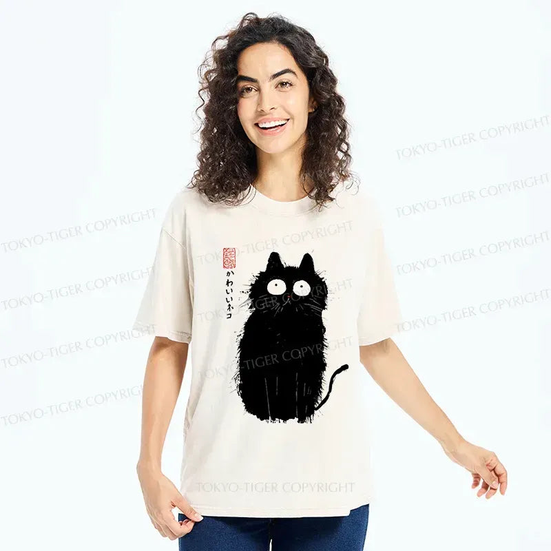 Kyoto-Lion Black Cat With Puffed-up Fur Washed T-Shirt