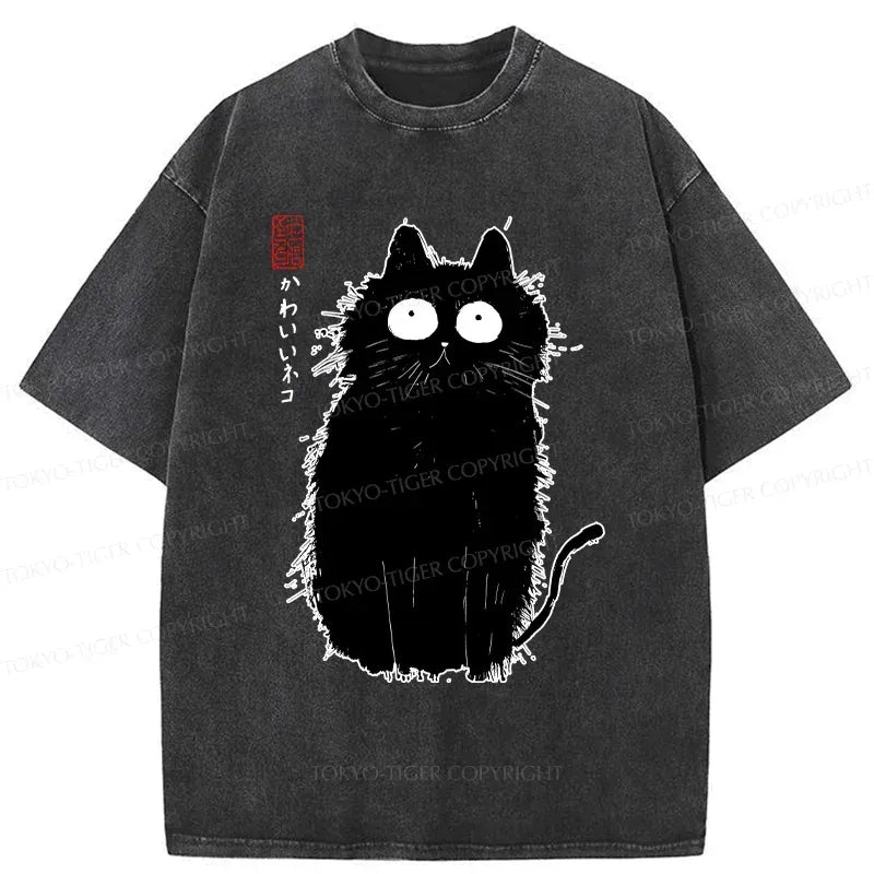 Kyoto-Lion Black Cat With Puffed-up Fur Washed T-Shirt