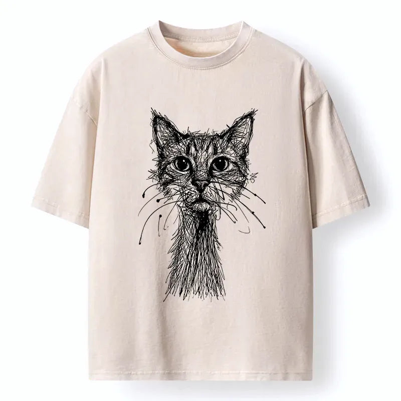 Japanese Cat Washed T-Shirt Daily Wear