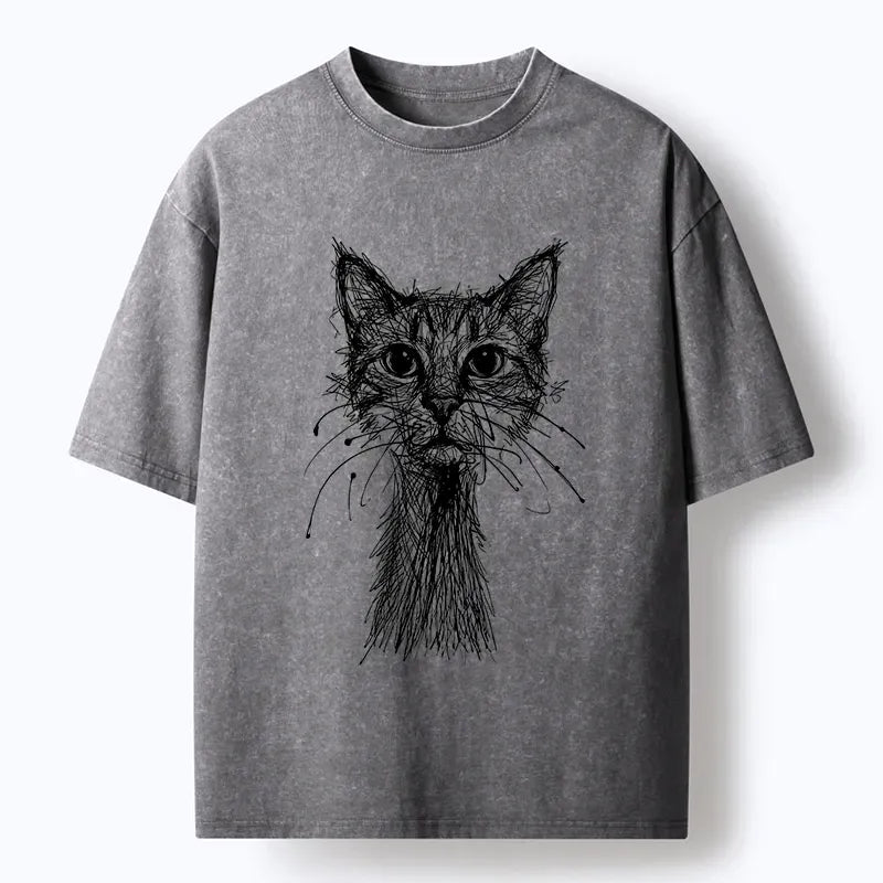 Japanese Cat Washed T-Shirt Daily Wear