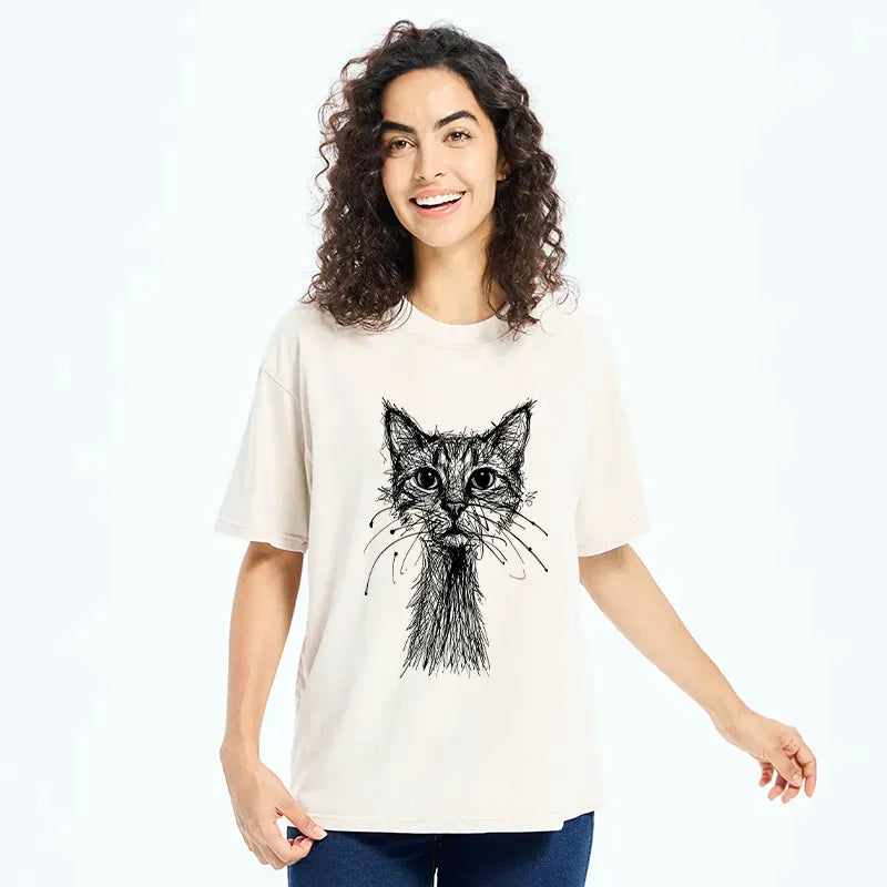 Japanese Cat Washed T-Shirt Daily Wear