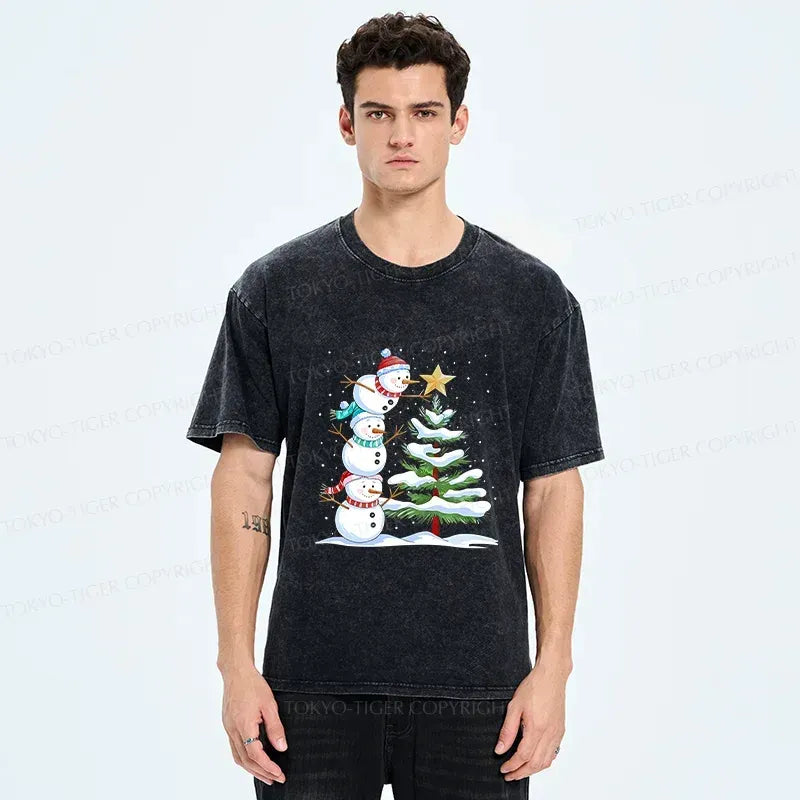 Christmas Snowman Washed T-Shirt for Holiday