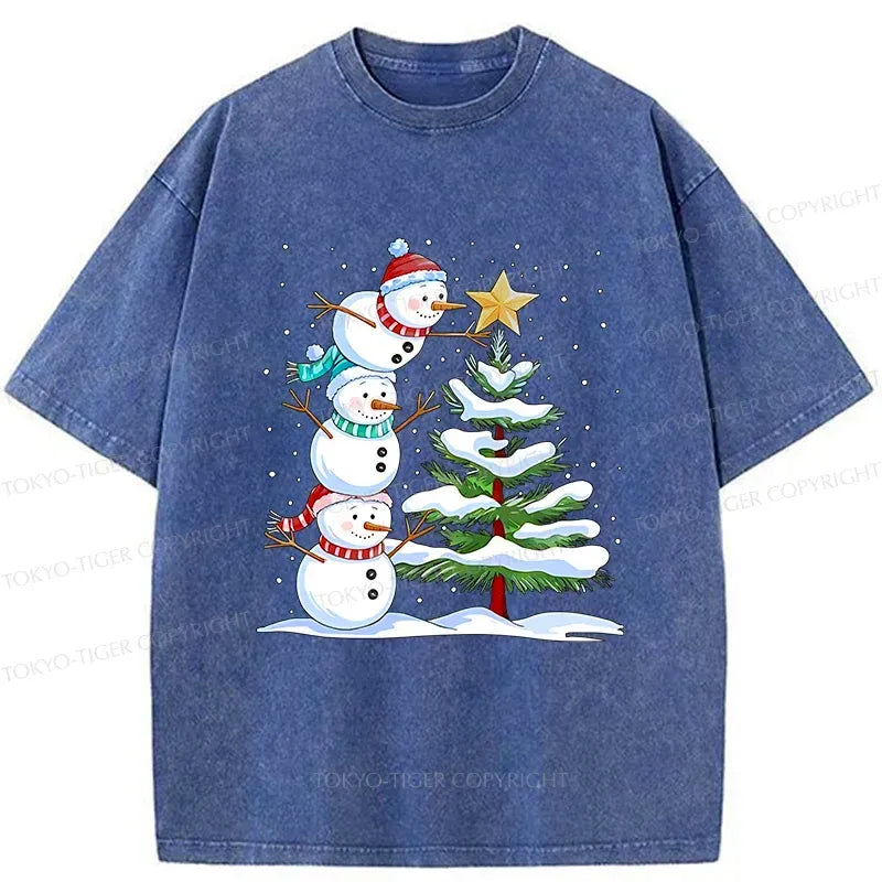 Christmas Snowman Washed T-Shirt for Holiday