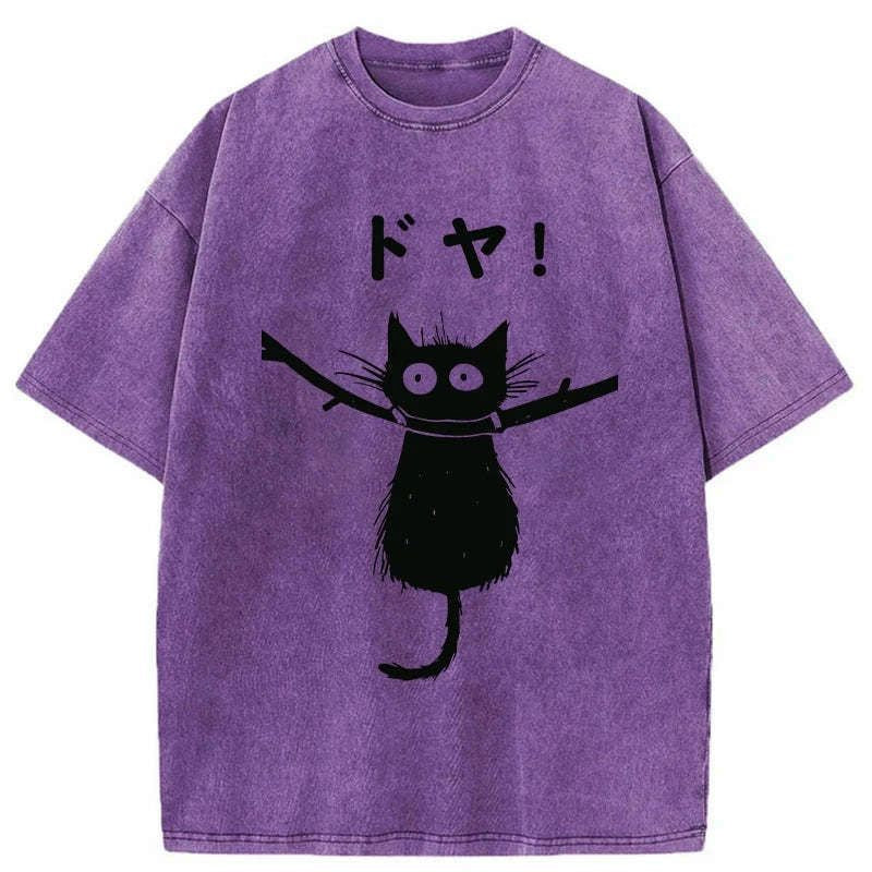 Japanese black cat washed t-shirt