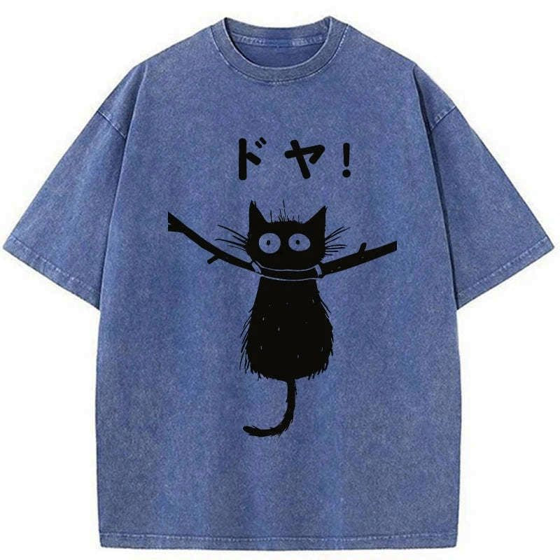 Japanese black cat washed t-shirt