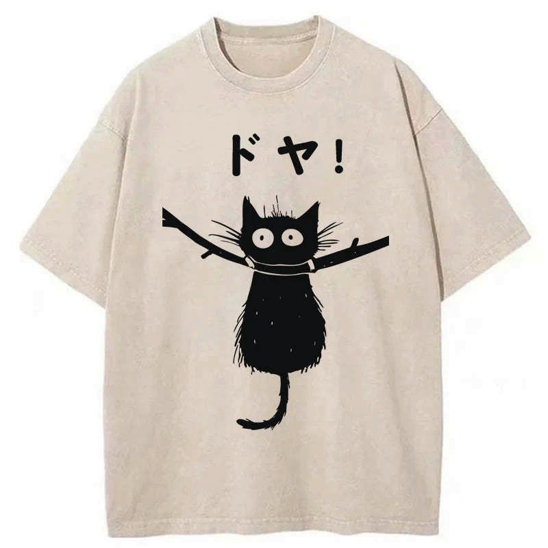 Japanese black cat washed t-shirt