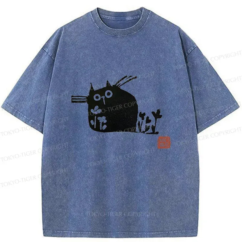 Kyoto-Lion Cat On The Grass Japan Washed T-Shirt