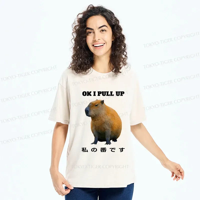 Kyoto-Lion Ok I Pull Up Funny Capybara Washed T-Shirt