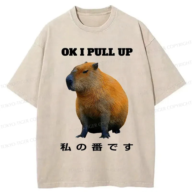 Kyoto-Lion Ok I Pull Up Funny Capybara Washed T-Shirt