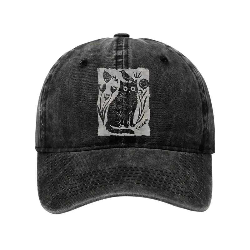Kyoto-Lion Folk Paper Cut Cat Bird Floral Art Washed Cap