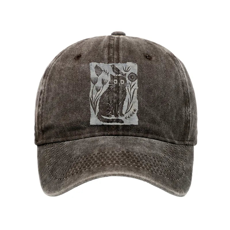 Kyoto-Lion Folk Paper Cut Cat Bird Floral Art Washed Cap