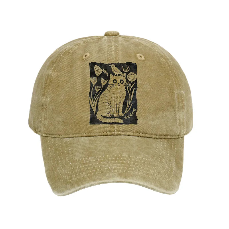 Kyoto-Lion Folk Paper Cut Cat Bird Floral Art Washed Cap