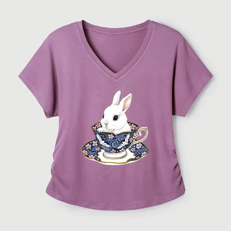 Kyoto-Lion Cute Rabbit Tea Set Modal Dolman Sleeve T-Shirt