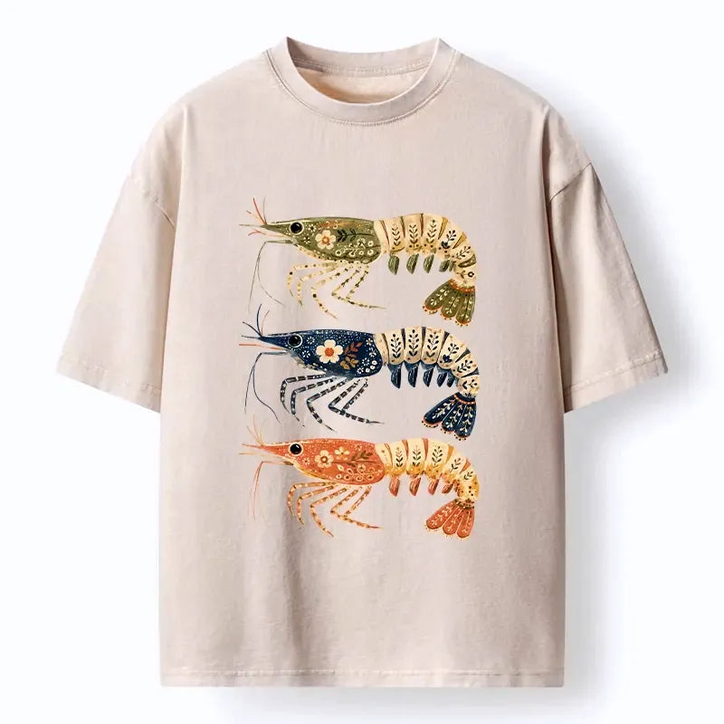 Kyoto-Lion Folk Art Patterned Shrimp Print Washed T-Shirt