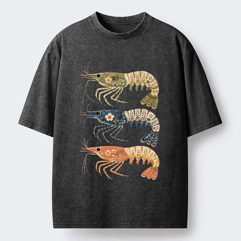 Kyoto-Lion Folk Art Patterned Shrimp Print Washed T-Shirt