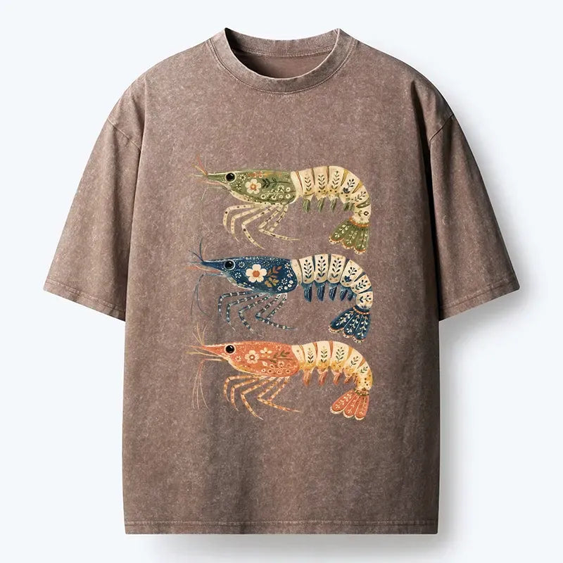 Ukiyo-e Shrimp Print Cotton T-Shirt for Summer