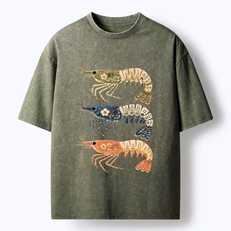 Kyoto-Lion Folk Art Patterned Shrimp Print Washed T-Shirt