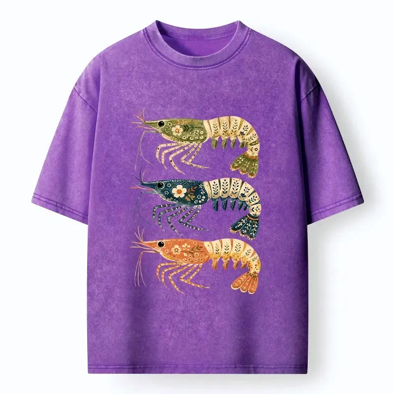 Kyoto-Lion Folk Art Patterned Shrimp Print Washed T-Shirt