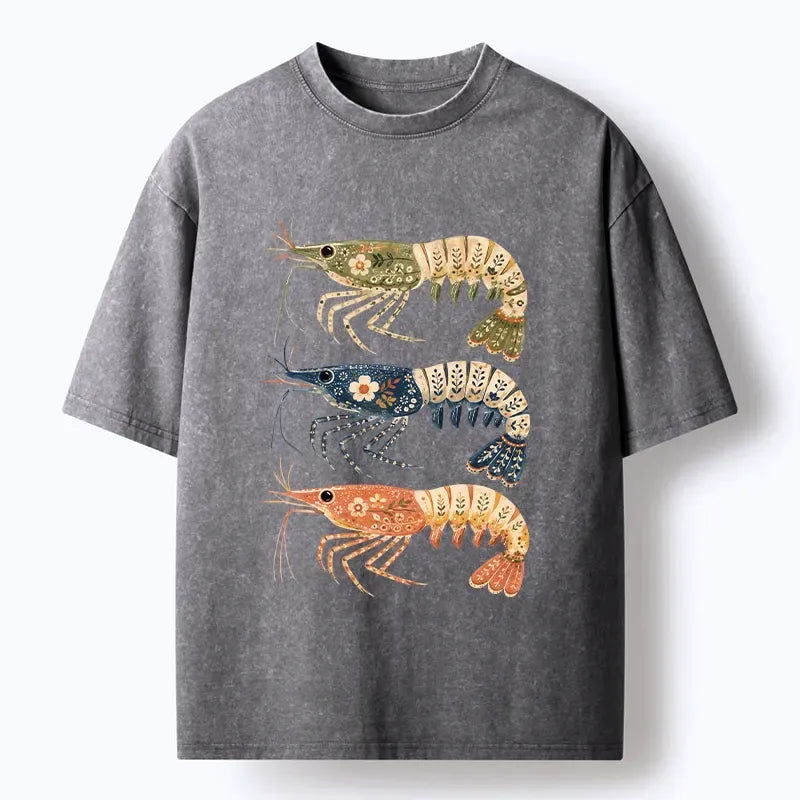 Kyoto-Lion Folk Art Patterned Shrimp Print Washed T-Shirt