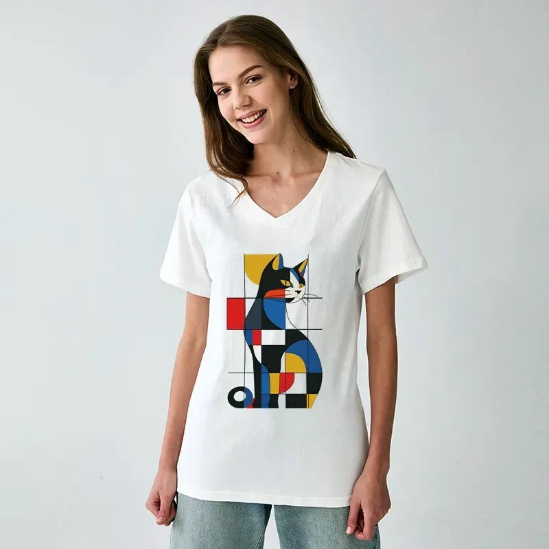 Trendy Japanese Cat V-Neck for Streetwear